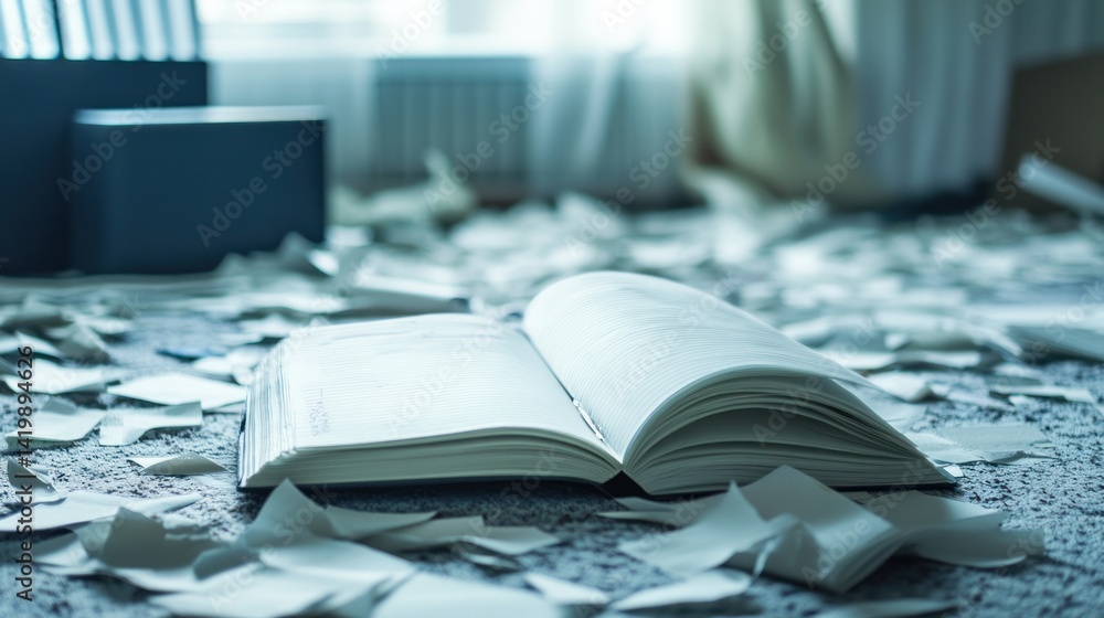 Open Book Amidst Torn Papers: A Study in Chaos and Disarray Open Book Amidst Torn Papers: A Study in Chaos and Disarray