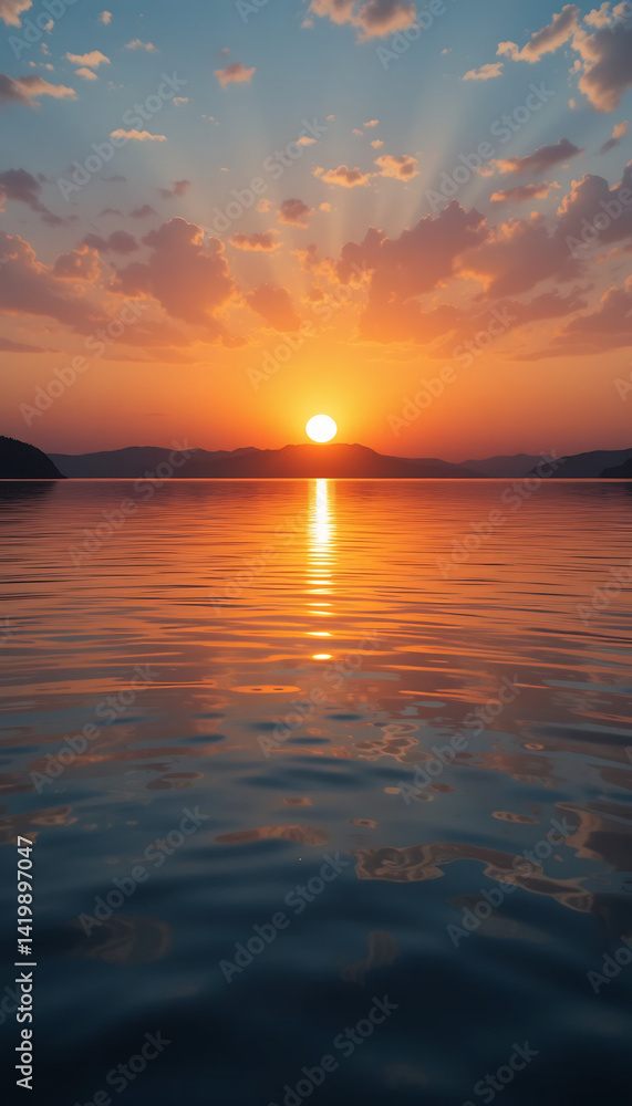 Obraz premium Serene Sunset Reflecting Warmly on Calm Water. AI Generated