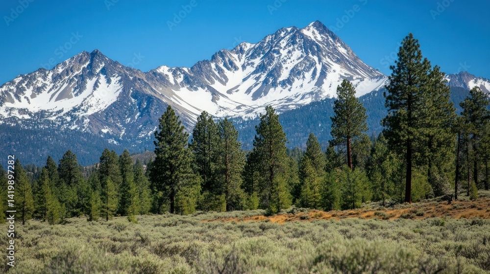 Fototapeta premium Majestic snow capped mountains and evergreen trees under a blue sky