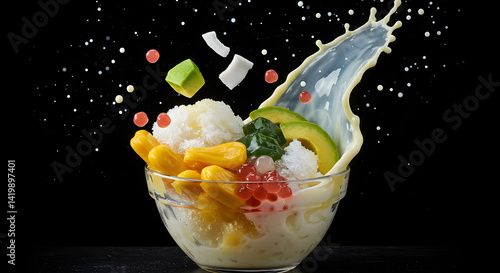Indonesian Es Campur Dessert with Splash of Milk – Traditional Sweet Mixed Ice in High-Speed Motion