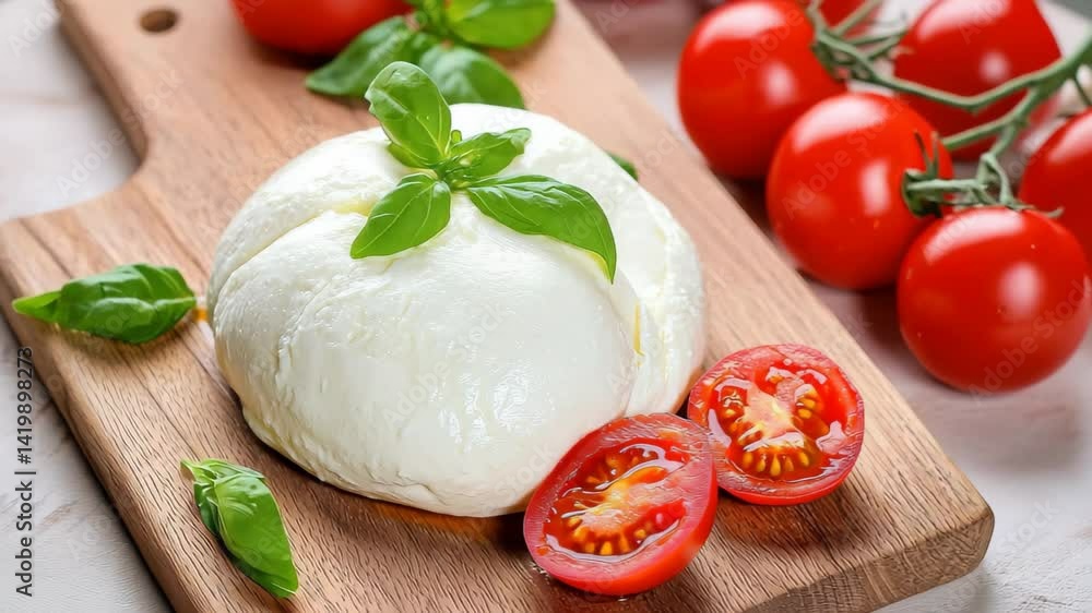 Fresh Mozzarella Cheese with Basil and Cherry Tomatoes on Wood Board Fresh Mozzarella Cheese with Basil and Cherry Tomatoes on Wood Board