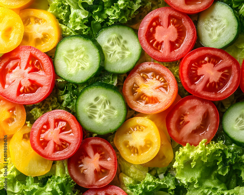 Fresh, vibrant salad with sliced tomatoes, cucumbers, and lettuce. Perfect for healthy eating and food blogs. Fresh, vibrant salad with sliced tomatoes, cucumbers, and lettuce. Perfect for healthy eating and food blogs.