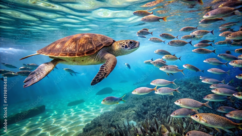 Obraz premium Oceanic Turtle Gracefully Navigates a Vibrant Coral Reef Ecosystem Surrounded by a School of Fish