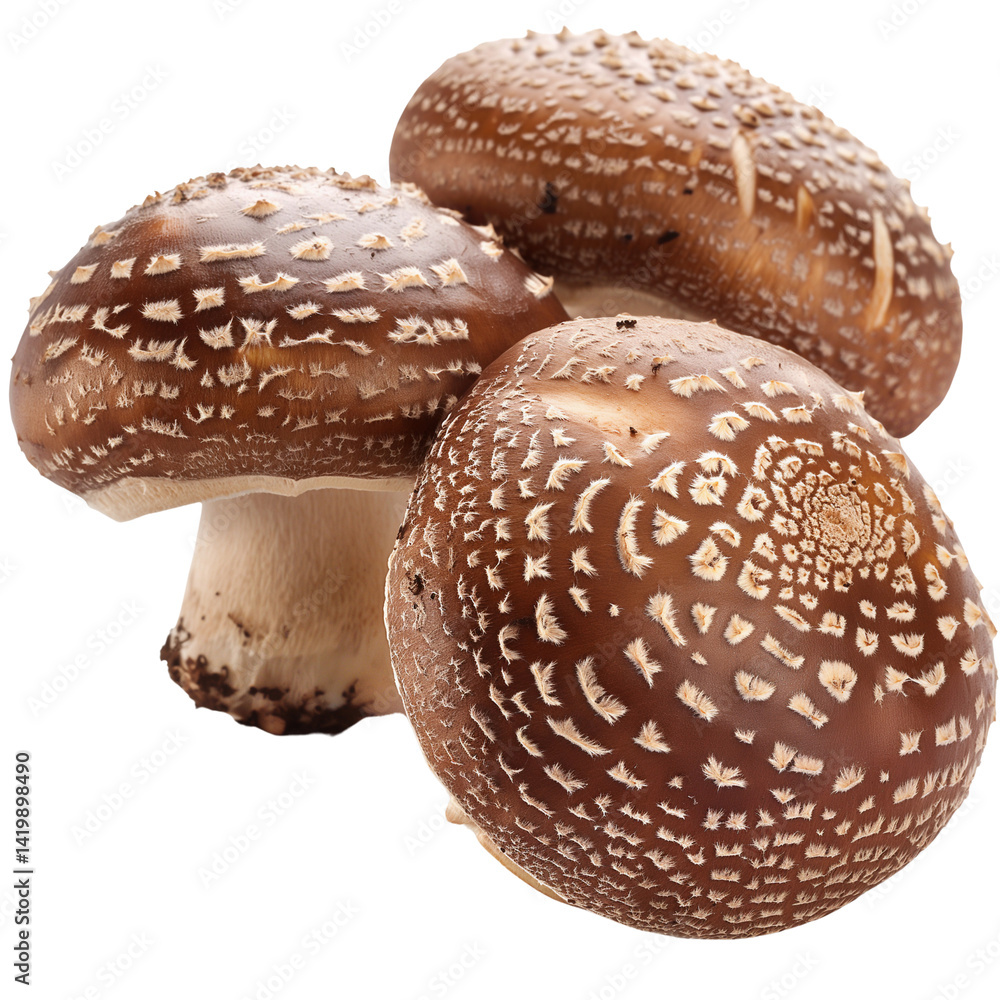 Three mushrooms with brown spots on them