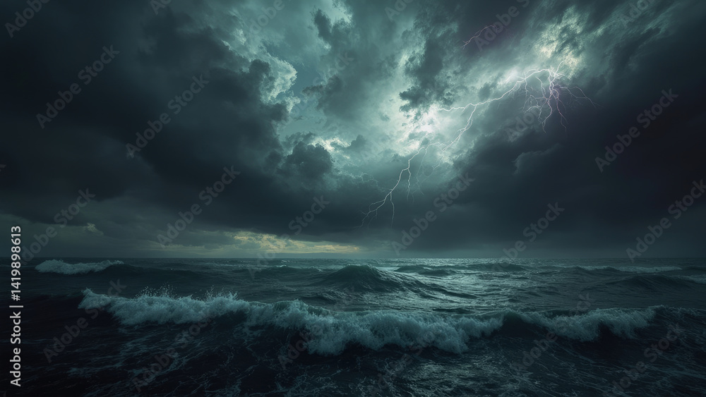Dramatic ocean storm with lightning strike and dark clouds. The waves are high and powerful, creating a sense of chaos and intensity. Dramatic ocean storm with lightning strike and dark clouds. The waves are high and powerful, creating a sense of chaos and intensity.
