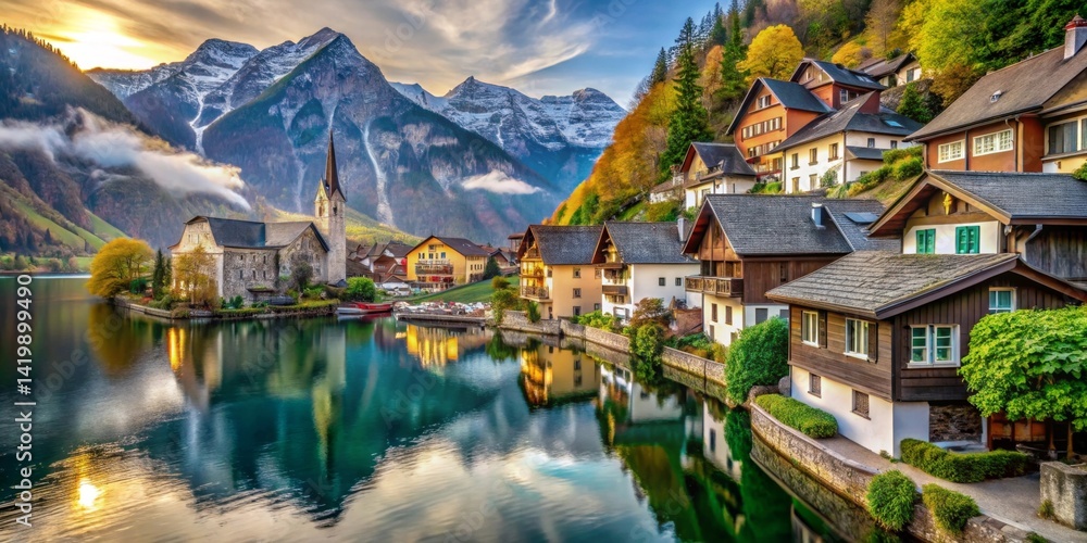 Naklejka premium Picturesque Lakeside Village at Sunrise with Mountain Reflections