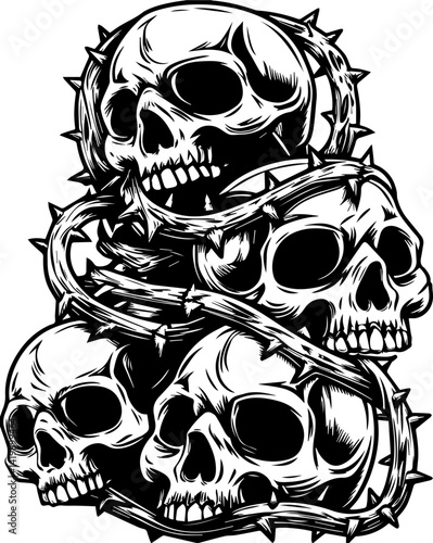Dark Gothic skull and bone design in detailed SVG vector style. Intricate Design of Layered Skulls with Thorny Barbed Wire Elements