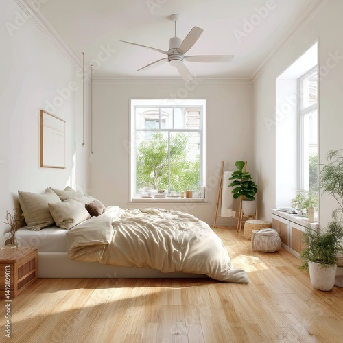 Cozy and Bright Modern Bedroom with Natural Light and Greenery