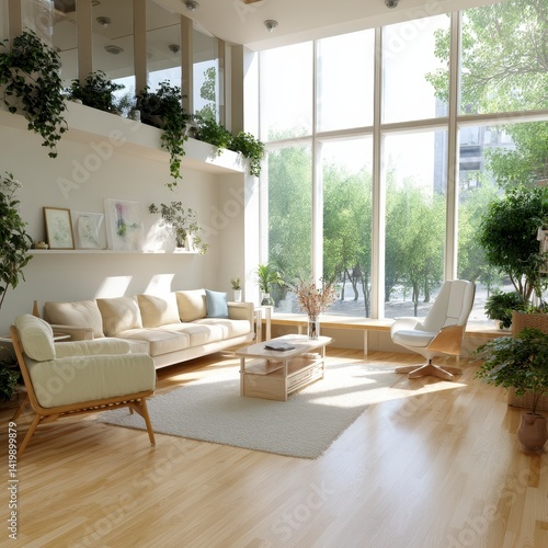Bright and Airy Living Room with Green Plants and Natural Lighting