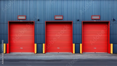 Three Vibrant Red Roll-Up Doors Against a Sleek Blue Metal Wall