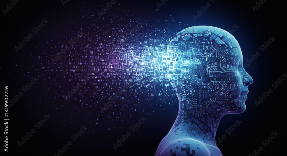 Conceptual illustration of a human head with circuit board features and data streams. Conceptual illustration of a human head with circuit board features and data streams.