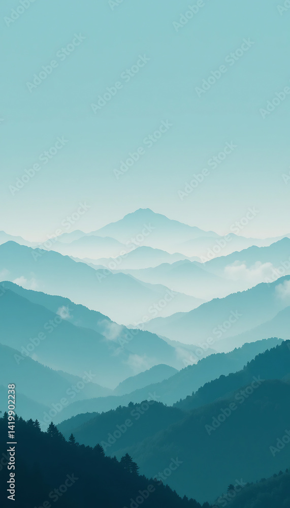 Obraz premium Serene teal mountains softly layered in misty morning light. AI Generated