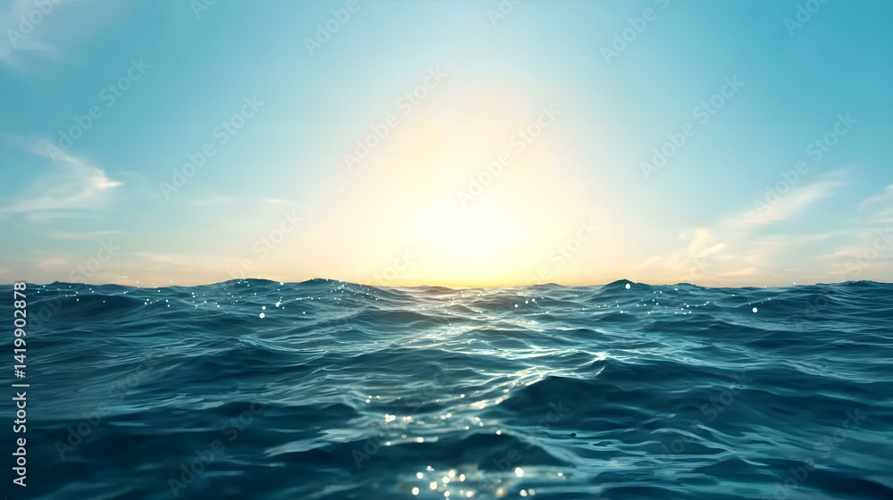 Obraz premium The image shows a serene ocean scene at sunset, with gently rolling waves reflecting the golden light.