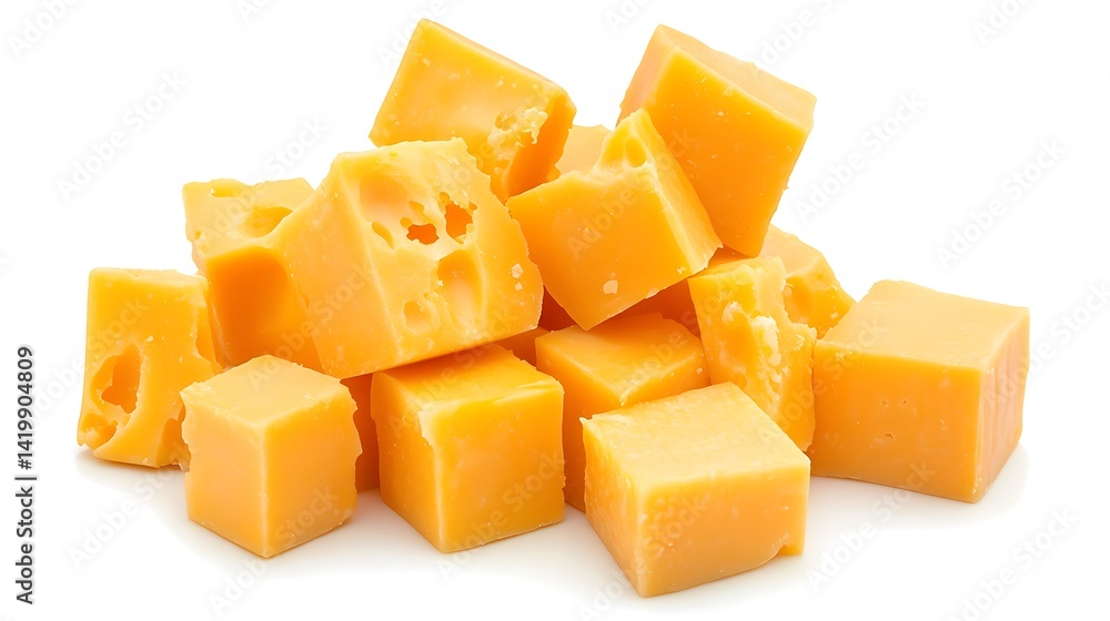 Heap of Cheddar Cheese Cubes, Yellow Dairy Food Isolated on a White Background Heap of Cheddar Cheese Cubes, Yellow Dairy Food Isolated on a White Background