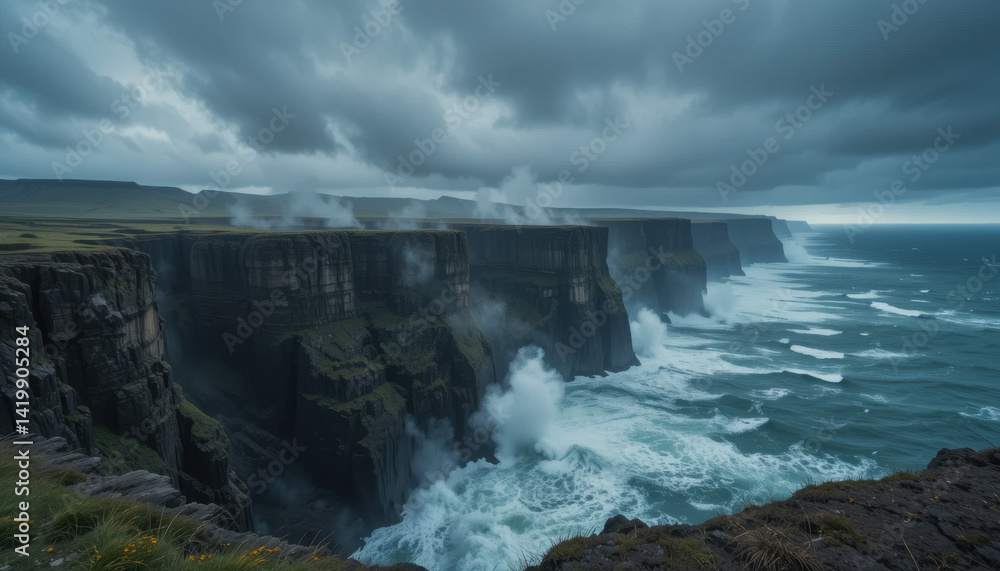 Dramatic Cliffs and Crashing Waves on a Stormy Coastline Dramatic Cliffs and Crashing Waves on a Stormy Coastline