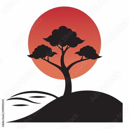 A black silhouette of a tree on a hillside overlooking a body of water and sun is setting or rising