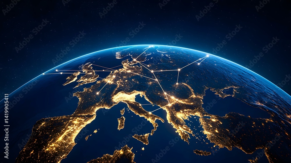 Obraz premium A nighttime view of Europe from space, showing city lights and interconnected lines representing global networks.