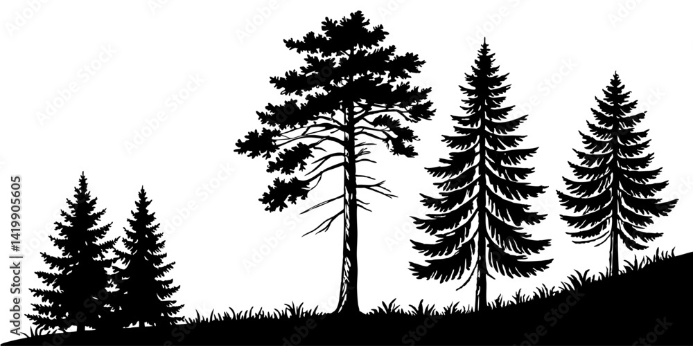 Obraz premium Fir trees silhouette line art illustration