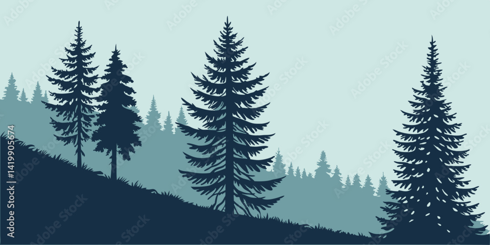 Fototapeta premium Fir trees silhouette line art illustration