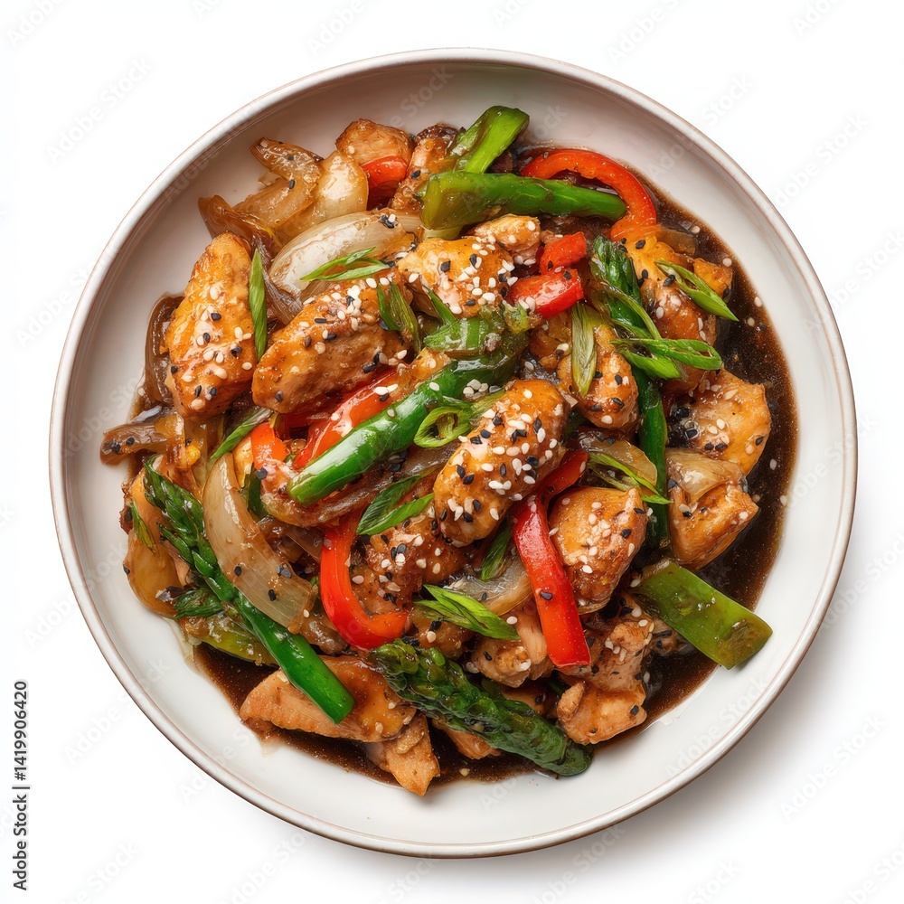 Plate of chicken stir-fry with fresh vegetables captured in realistic photography isolated against a clean background Plate of chicken stir-fry with fresh vegetables captured in realistic photography isolated against a clean background