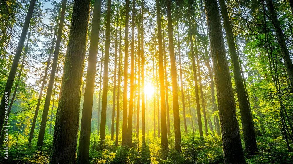 Fototapeta premium Sunlight Filtering Through Lush Forest Canopy