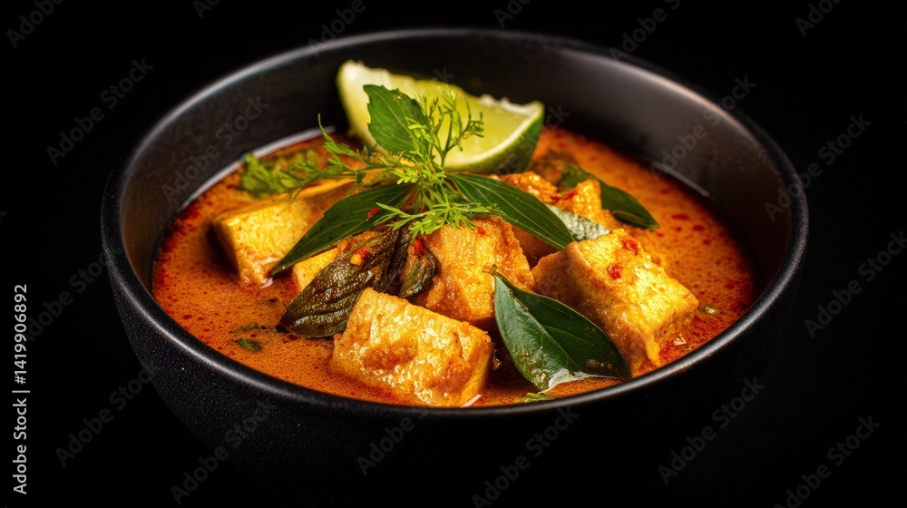 Flavorful bowl of red curry with tofu displayed in realistic photography against a bold black background for impact Flavorful bowl of red curry with tofu displayed in realistic photography against a bold black background for impact