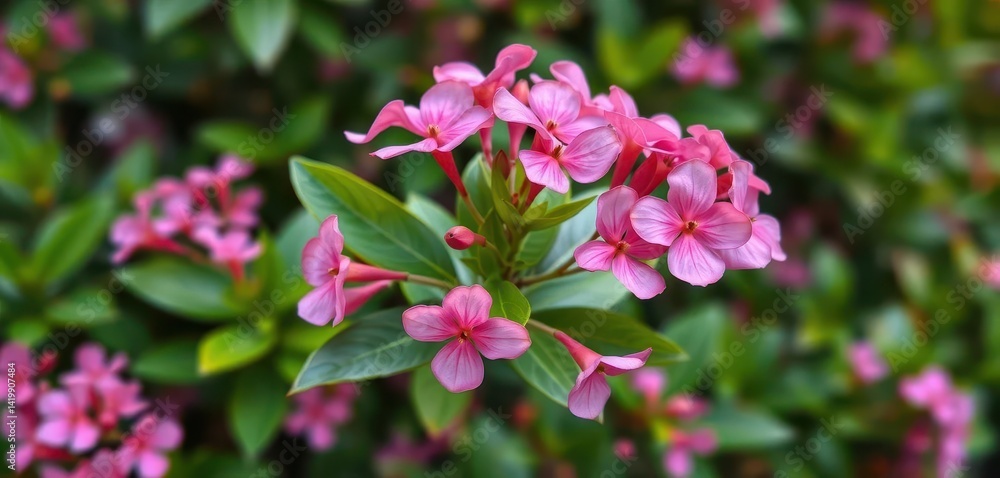 Pink Adenium obesum blossoms in sharp focus, lush green foliage blurred background, plant photography, environment Pink Adenium obesum blossoms in sharp focus, lush green foliage blurred background, plant photography, environment