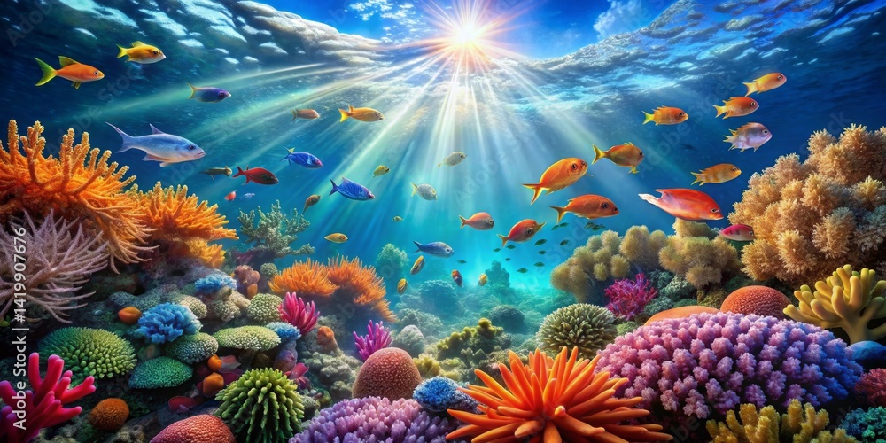 Vibrant Underwater Scene Depicting a Thriving Coral Reef Ecosystem with Colorful Fish and Diverse Coral Formations Vibrant Underwater Scene Depicting a Thriving Coral Reef Ecosystem with Colorful Fish and Diverse Coral Formations