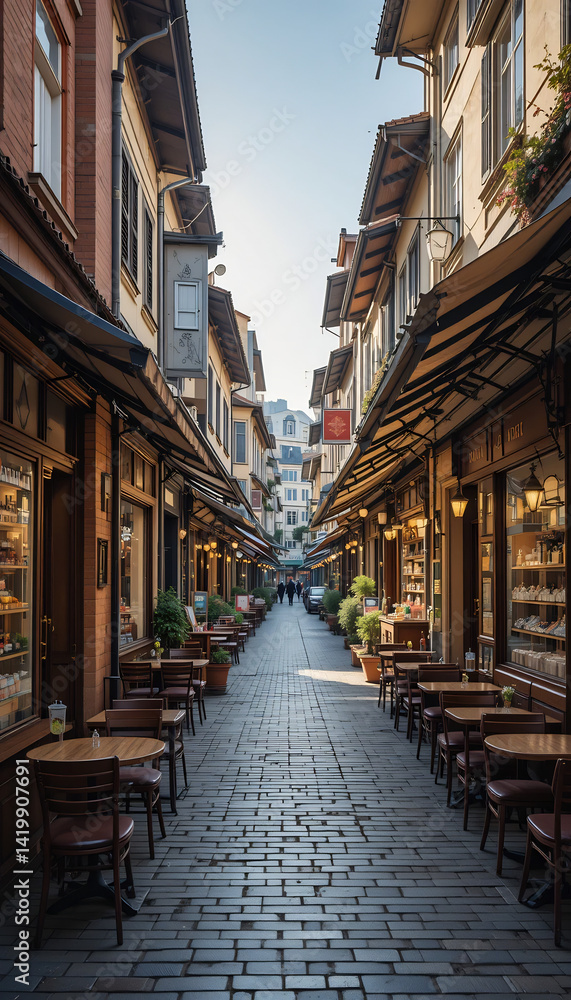 Fototapeta premium Cobblestone alleyway glows warmly under sunlight charming cafes line path inviting atmosphere. AI Generated