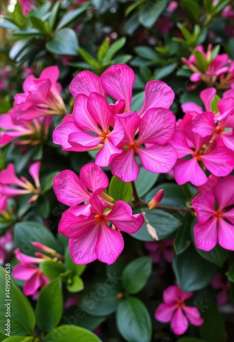Pink Adenium obesum blossoms vibrant against lush green foliage, pink flowers, Adenium obesum