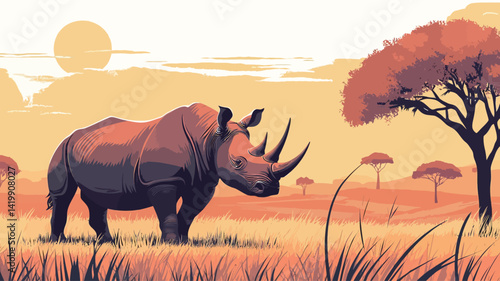 A stylized vector illustration of a rhino standing on the grassland at sunset. The color scheme is dominated by warm tones, with orange, yellow and soft brown predominating.
