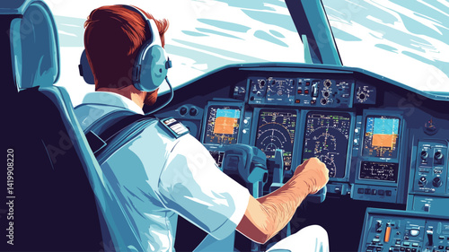 A stylized vector illustration depicting a rear view of a pilot sitting in the cockpit of an airplane. The color scheme is dominated by blues and grays, creating a calming feeling.