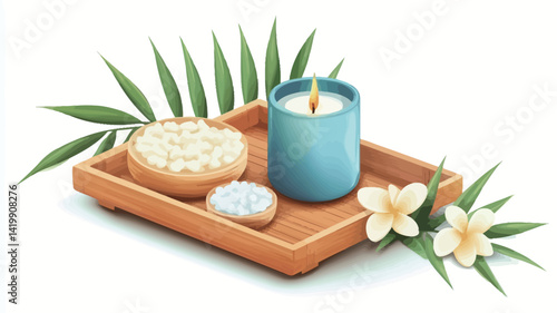A digitally rendered still life shows a light teal cylindrical candle, slightly lit, sitting in the center of a light brown rectangular wooden tray.
