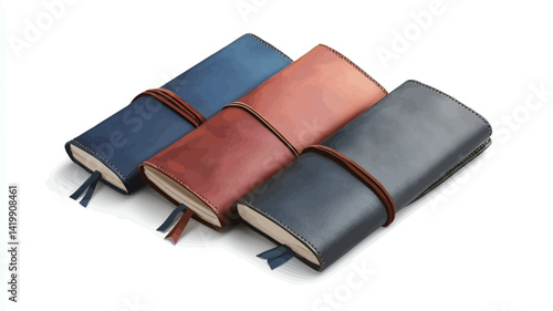 Three leather-bound notebooks stacked on a white background, made from different shades of blue and brown leather.
