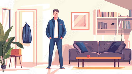 A stylized illustration of a young man standing in a modern apartment interior, done in a vector art style.