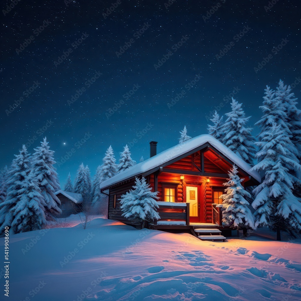 Snow-covered cabin glows warmly against a starry night sky, frosty trees surrounding, forest, winter wonderland, dark Snow-covered cabin glows warmly against a starry night sky, frosty trees surrounding, forest, winter wonderland, dark