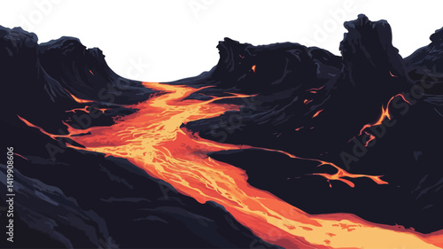 This artwork presents a stylized digital painting or illustration of a river of lava flowing through a dark rocky landscape. The lava is richly detailed.
