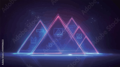 The work features a stylized composition of three interconnected glowing triangles arranged in an overlapping pyramidal structure. Each triangle emits a vibrant neon-like glow.