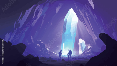 This digital painting shows a deep cavern with a towering blue crystal glowing with a vivid purple hue. The crystal��s facets display sharp, contrasting highlights.