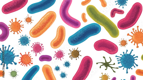 A vibrant seamless pattern featuring stylized illustrations of bacteria and viruses set against a solid white background. These microorganisms come in a variety of shapes and sizes.