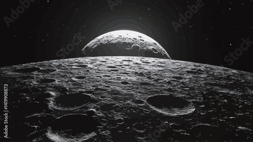 The high-contrast monochrome image depicts the lunar eclipse as seen from the lunar surface. The image shows Earth rising above the lunar horizon, partially obscured by the shadow, creating