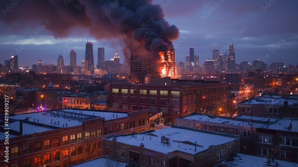 Dramatic burning building with intense flames and thick black smoke, firefighters working in the distance. Emergency response, disaster scene, firefighting and rescue operations concept. Dramatic burning building with intense flames and thick black smoke, firefighters working in the distance. Emergency response, disaster scene, firefighting and rescue operations concept.