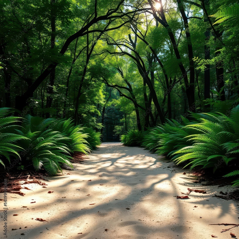 Sun-dappled sandy path disappearing into lush fern-covered forest, ecology, foliage, forest path Sun-dappled sandy path disappearing into lush fern-covered forest, ecology, foliage, forest path