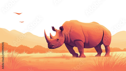 A stylized digital painting of a rhino in the savannah. The colors are dominated by warm oranges, pinks and purples, creating the effect of a sunset. This rhino is seen in profile.