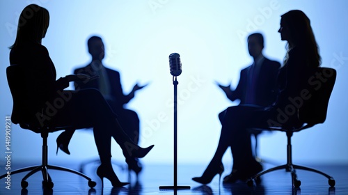 A group of people engages in a discussion in a modern indoor setting