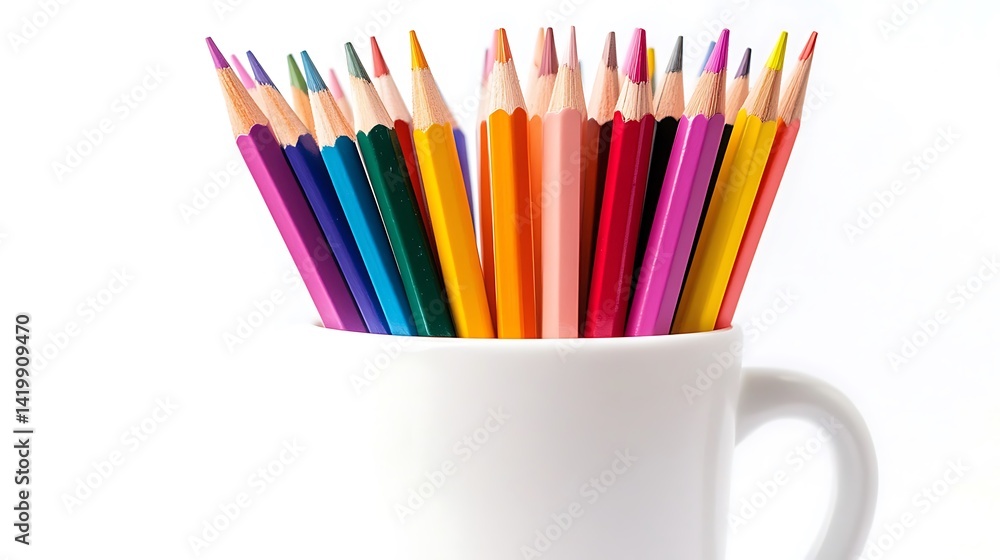 Many Multicolored Pencils Arranged in White Mug on White Background, Bright Colorful Tips Many Multicolored Pencils Arranged in White Mug on White Background, Bright Colorful Tips