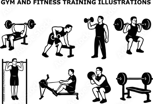 Set of Gym Workout Icons – Strength Training and Fitness Exercises