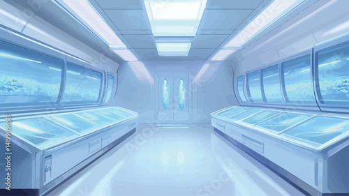 This image shows a digitally rendered perspective of a long, brightly lit corridor inside a futuristic research facility. The walls are predominantly white, with evenly spaced