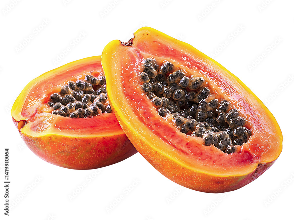Two halves of a ripe papaya, showcasing vibrant orange flesh and numerous black seeds, lie against a stark white background. Two halves of a ripe papaya, showcasing vibrant orange flesh and numerous black seeds, lie against a stark white background.