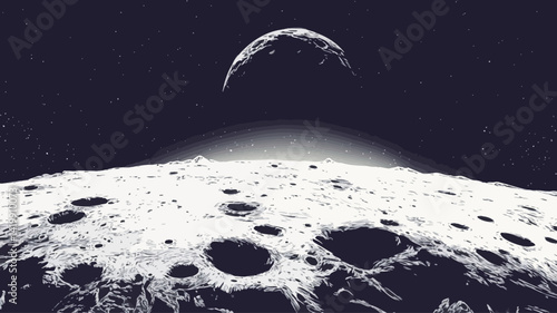 A digitally rendered illustration shows a striking lunar landscape dominated by numerous impact craters of varying sizes with fine texture detail that suggests the presence of regolith.